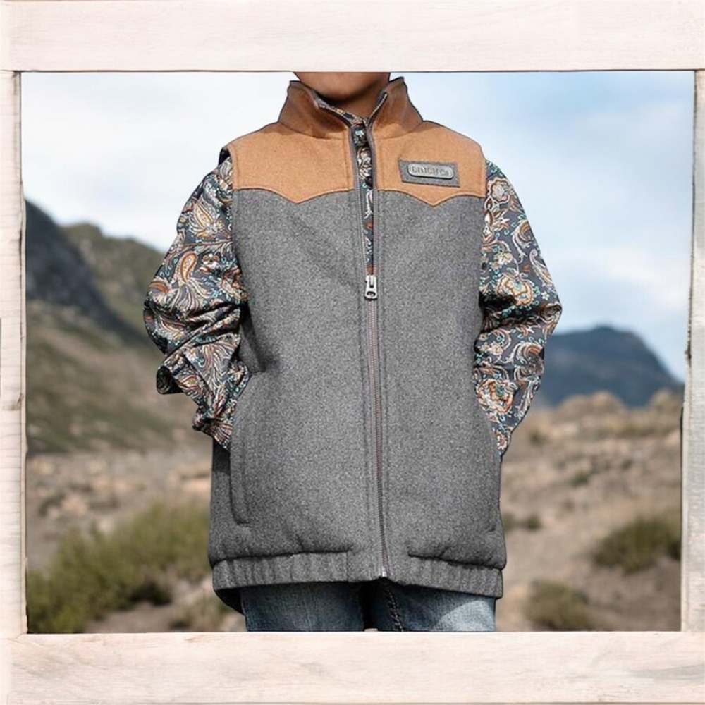 Youth Vest Cinch Size Small 6-8 Wool Fleece Durable Warm Wind proof Grey Tan